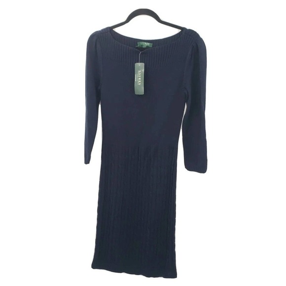 Lauren ralph lauren blue cableknit sweater dress womens size medium boatneck - Picture 2 of 16
